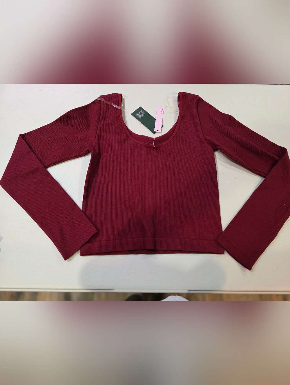wild fable Burgundy Off-Shoulder Ribbed Long Sleeve Crop Top
